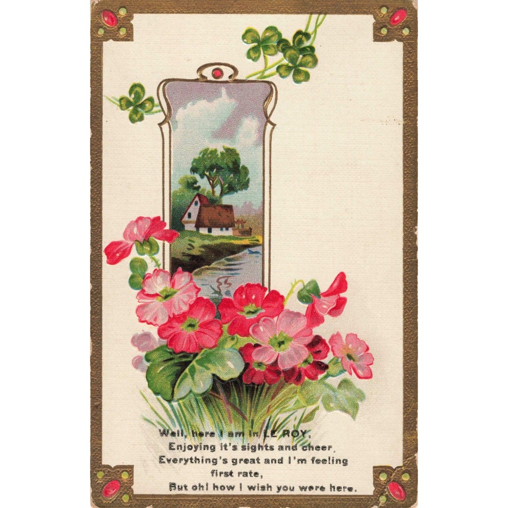Vintage Embossed Postcard Landscape Floral Series No 1 Le Roy Shamrocks VG - Picture 1 of 2